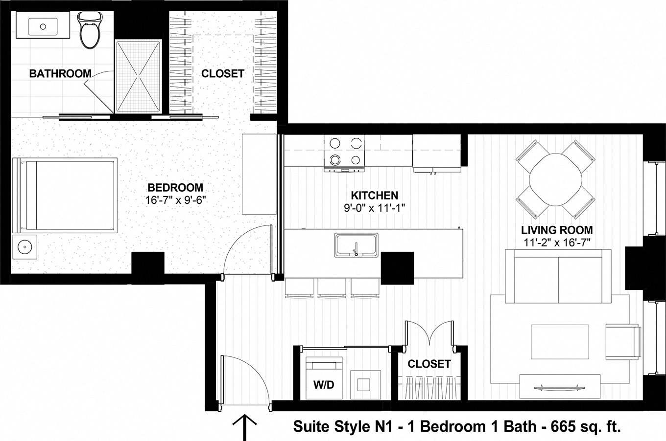 Floor plan for 1 bed, 1 bath, 665 sqft