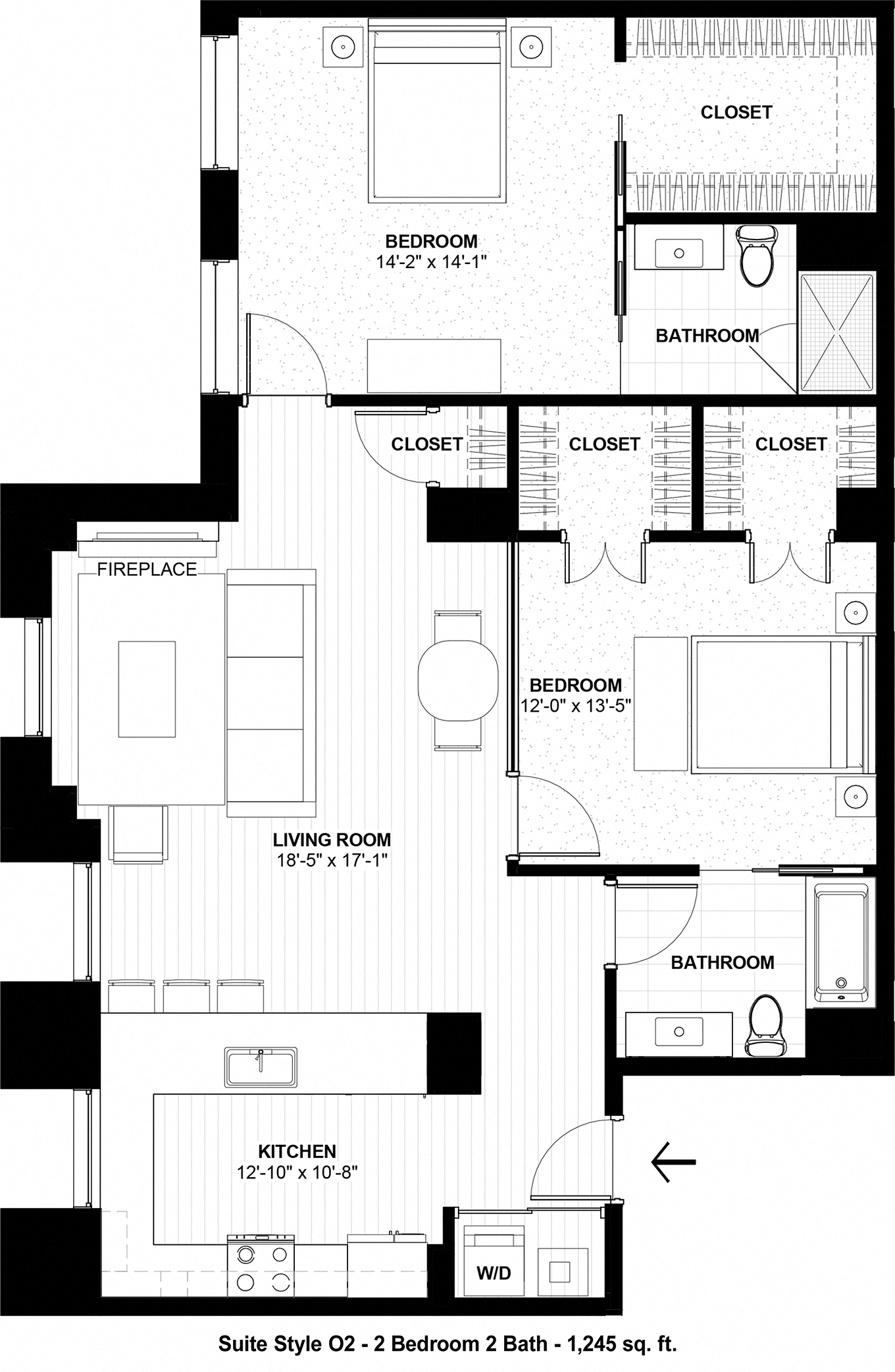 Floor plan for 2 beds, 2 baths, 1245 sqft