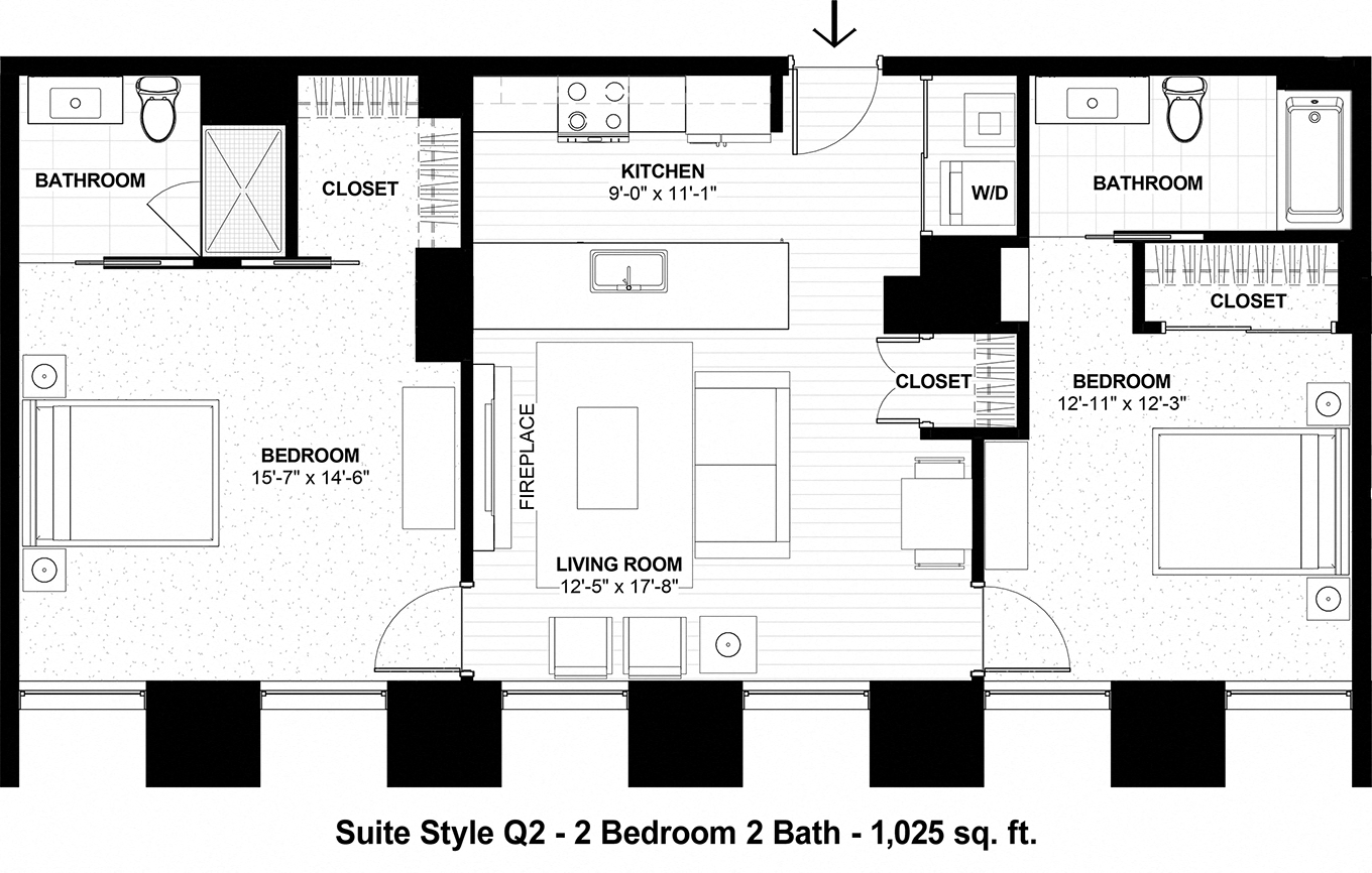 Floor plan for 2 beds, 2 baths, 1025 sqft