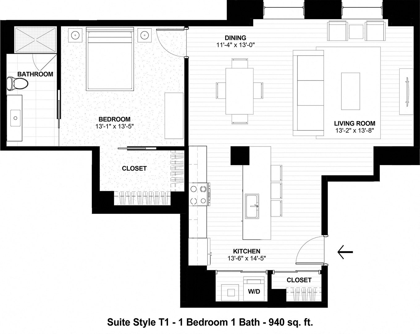 Floor plan for 1 bed, 1 bath, 940 sqft