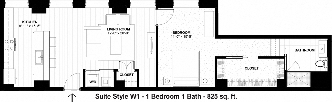 Floor plan for 1 bed, 1 bath, 825 sqft