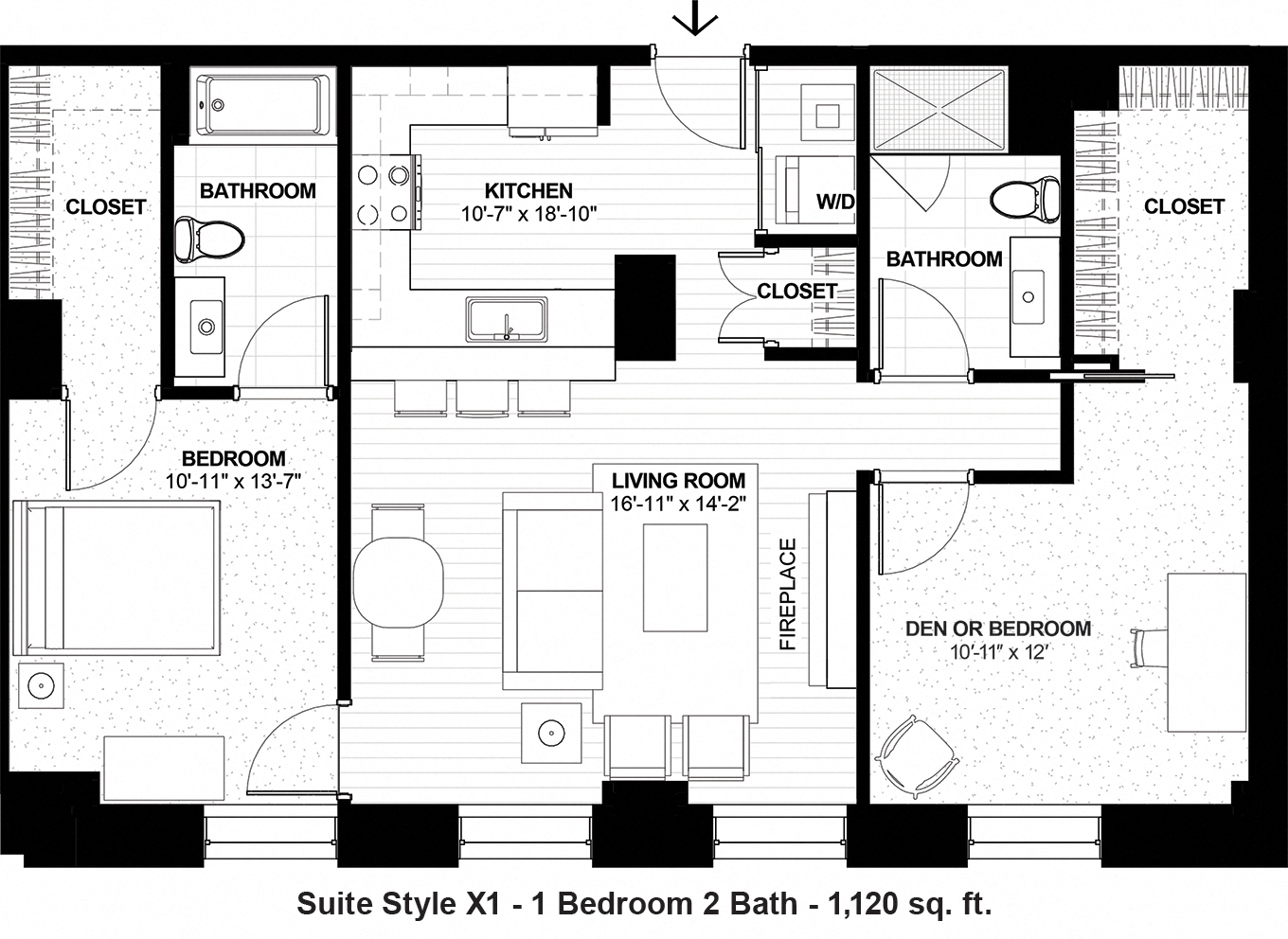 Floor plan for 1 bed, 2 baths, 1120 sqft