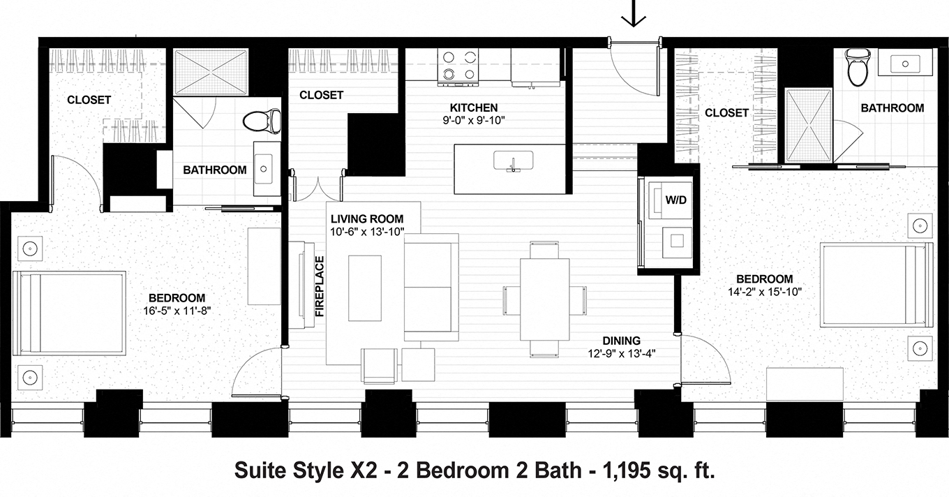 Floor plan for 2 beds, 2 baths, 1195 sqft