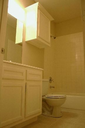 Houston apartment for rent - A white toilet in a bathroom with a white cabinet above it.