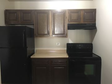 Grayslake apartment for rent - an empty kitchen with wooden cabinets and a black refrigerator