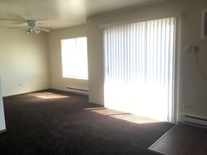 Grayslake apartment for rent - an empty living room with a window and a ceiling fan