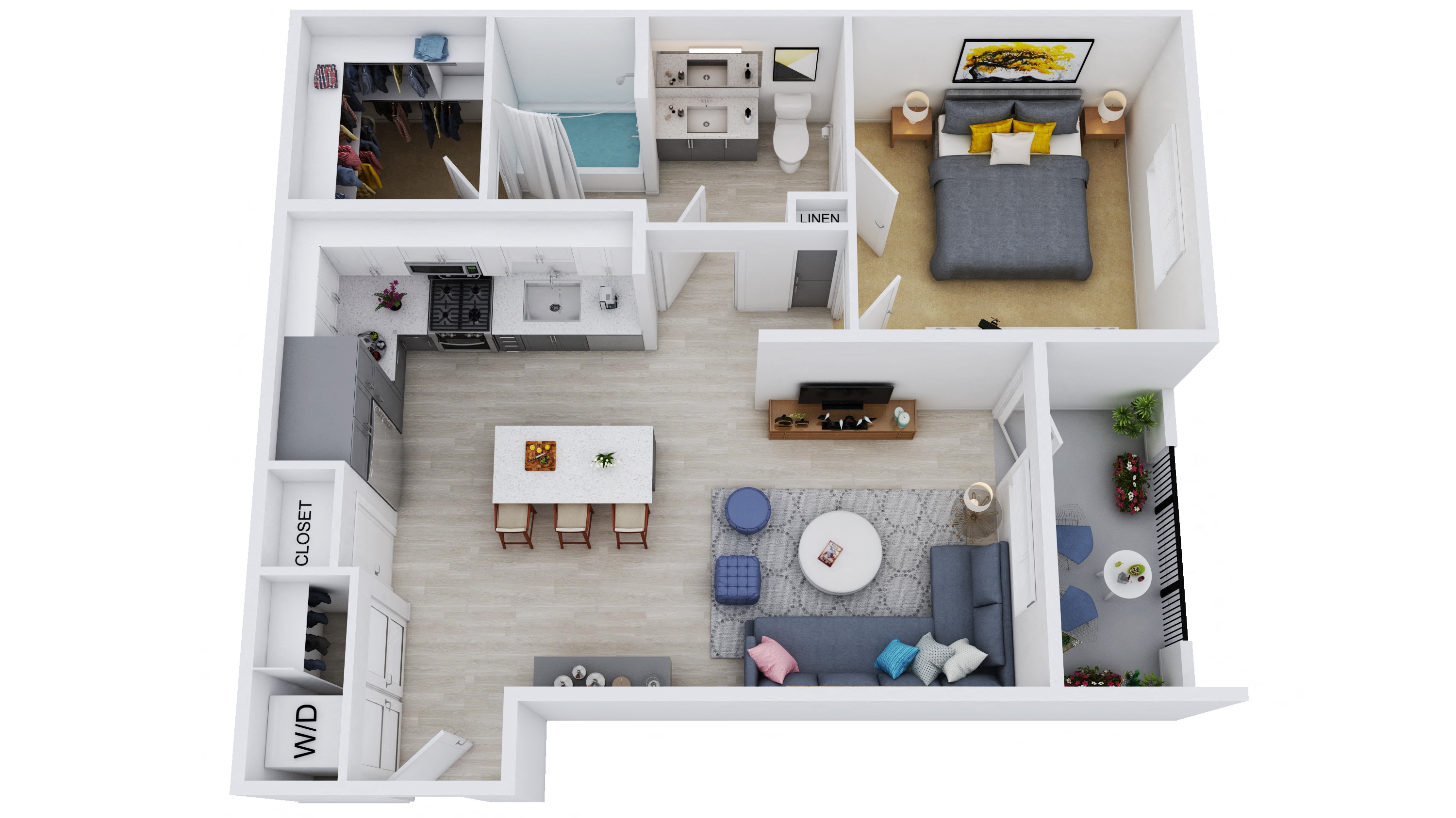 Floor plan for 1 bed, 1 bath, 907 sqft