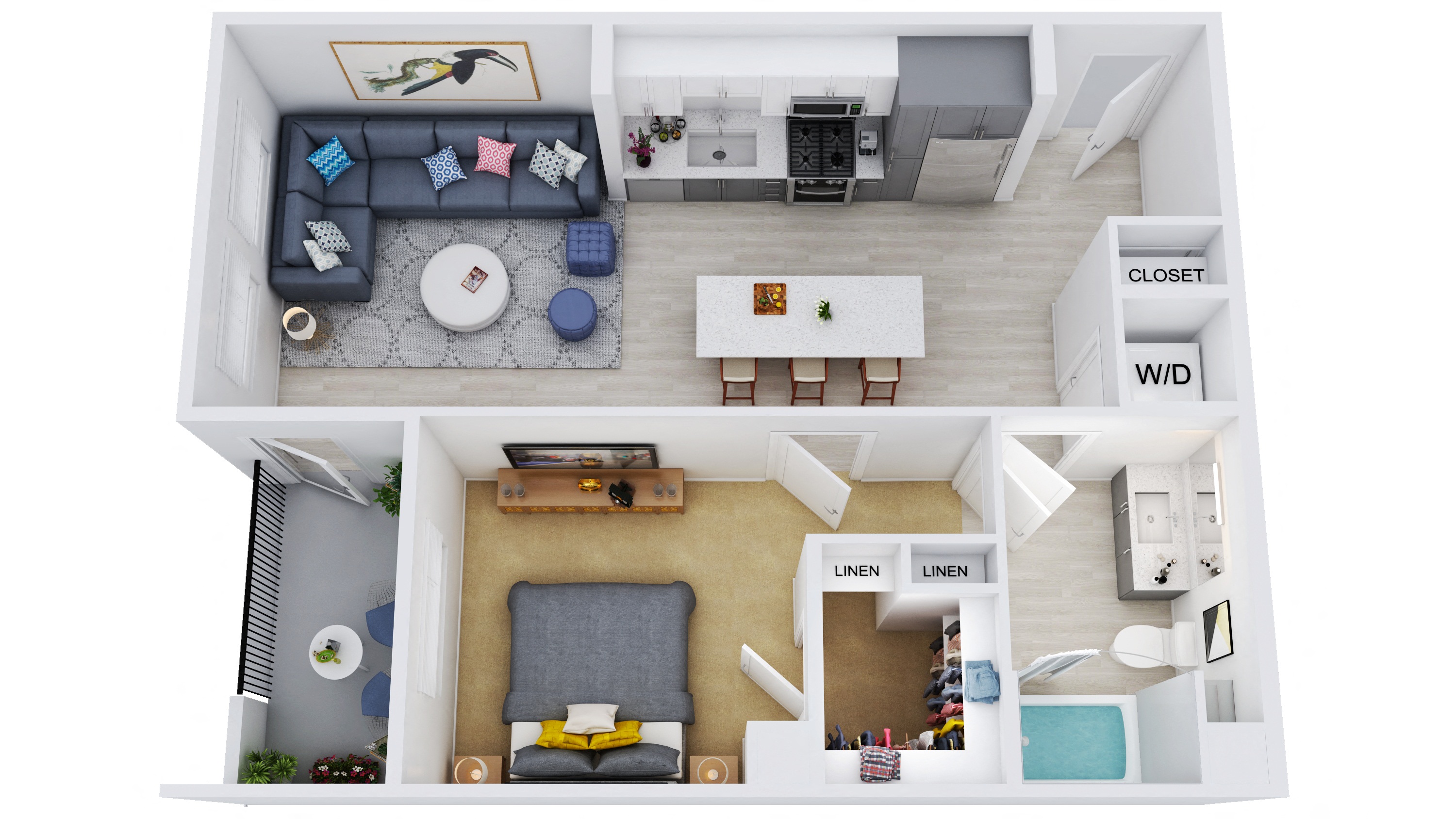 Floor plan for 1 bed, 1 bath, 747 sqft