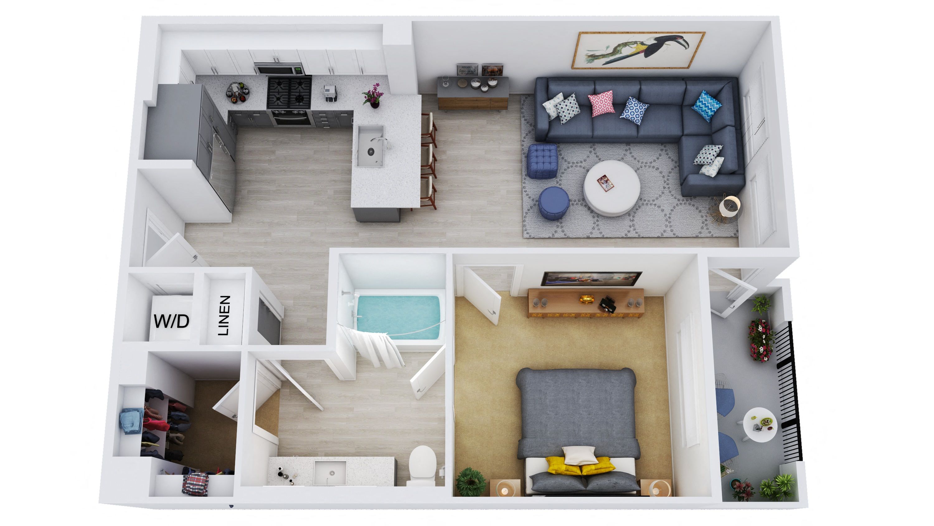 Floor plan for 1 bed, 1 bath, 743 sqft