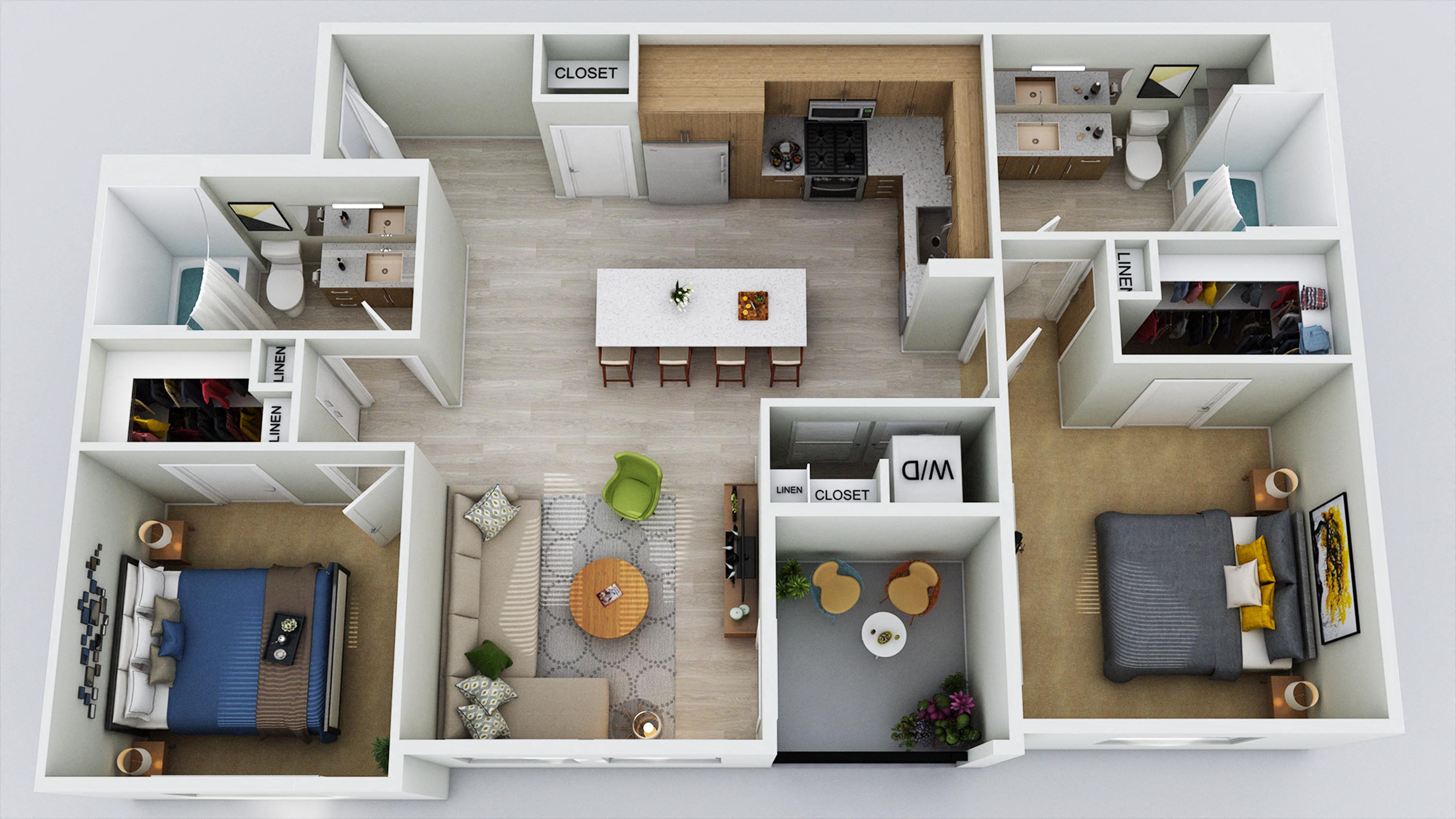 Floor plan for 2 beds, 2 baths, 1053 sqft