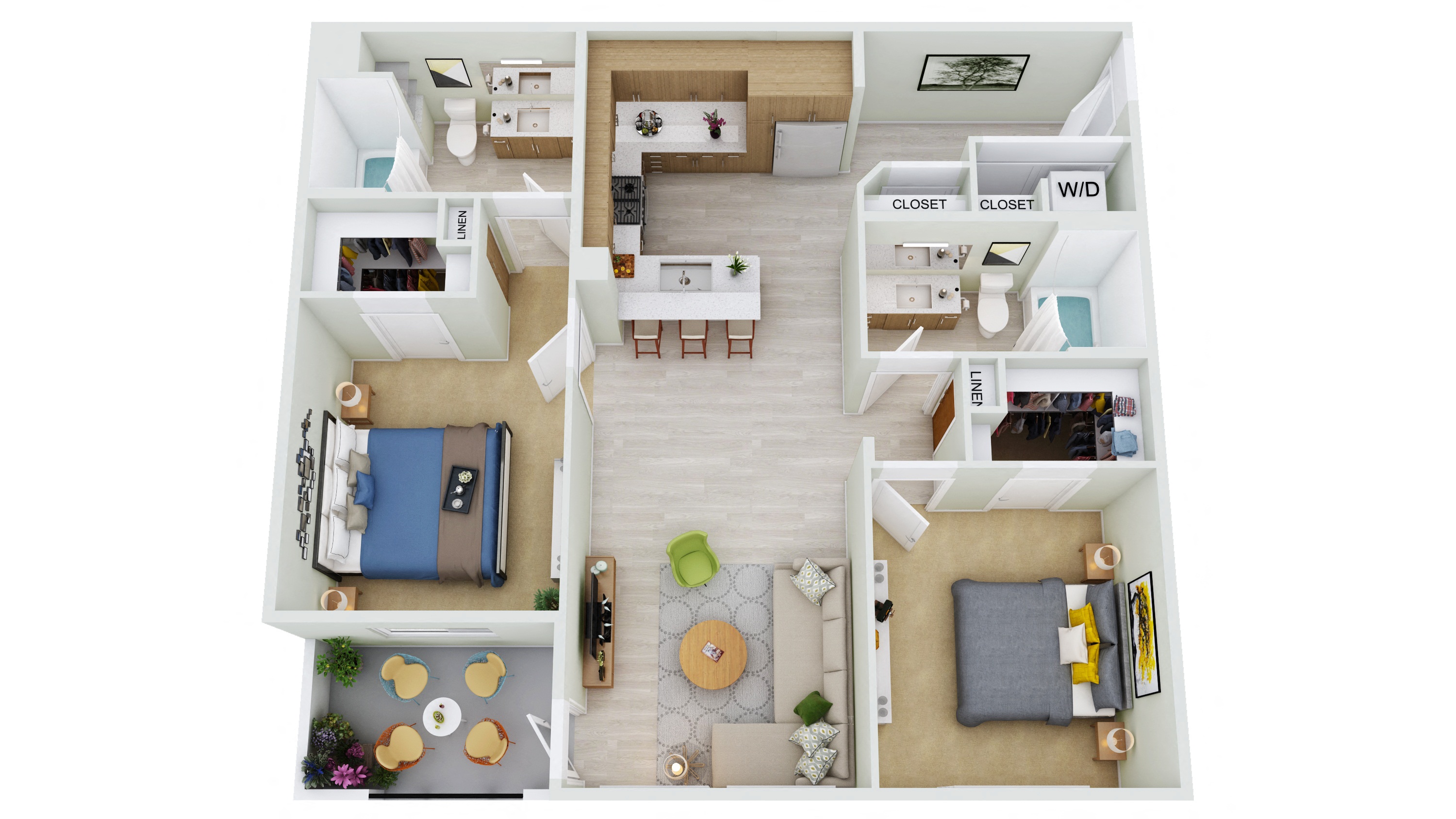 Floor plan for 2 beds, 2 baths, 1080 sqft