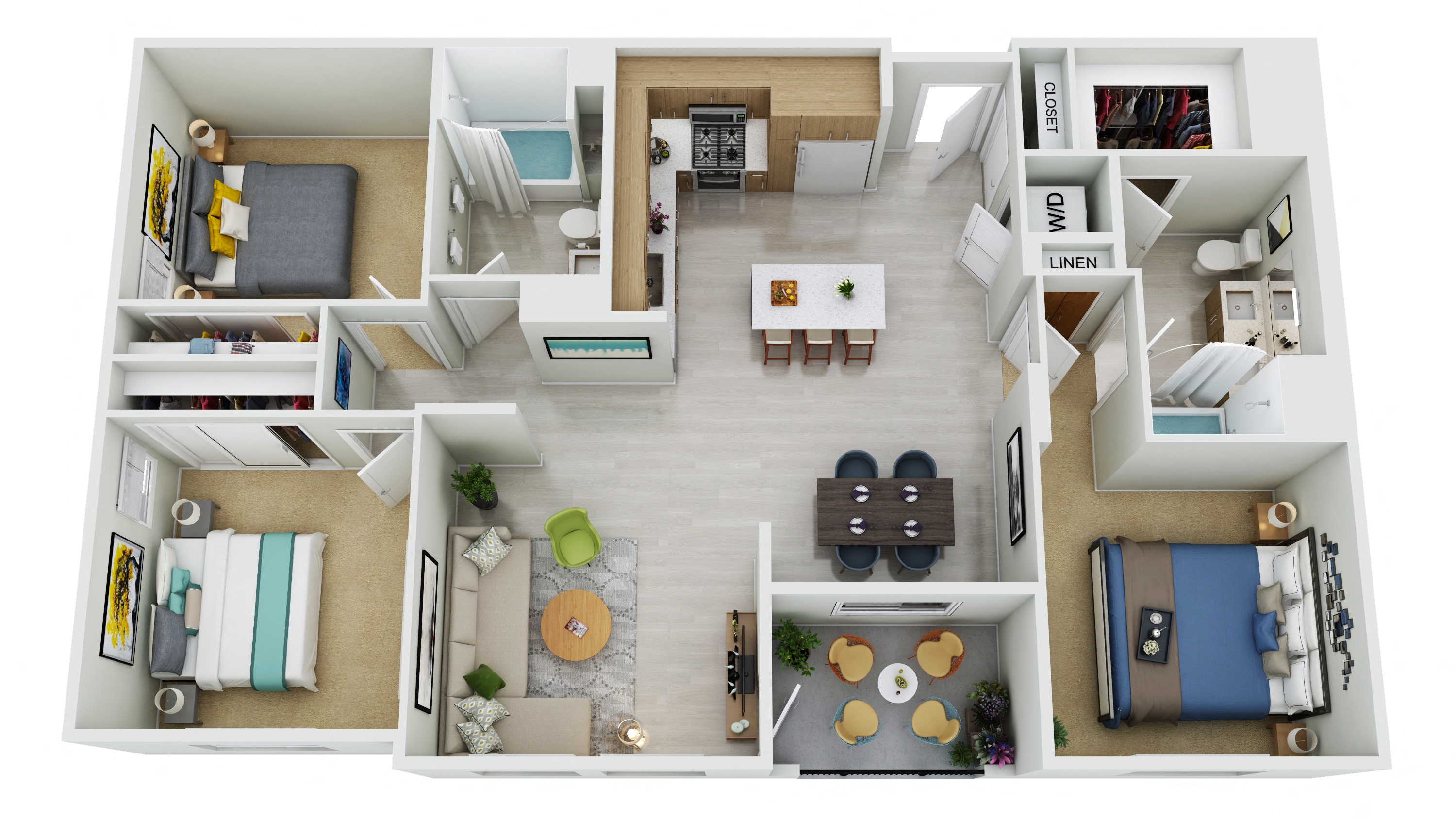 Floor plan for 3 beds, 2 baths, 1391 sqft
