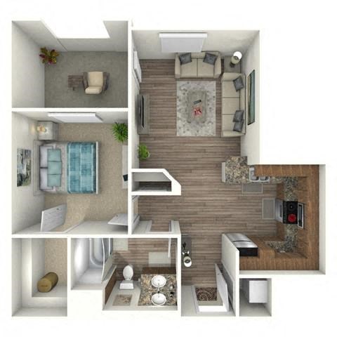 Floor plan for 1 bed, 1 bath, 713 sqft