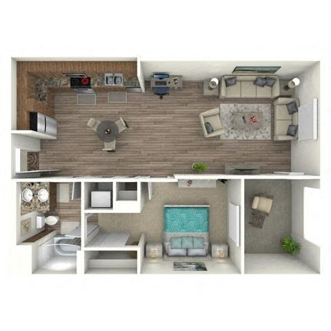 Floor plan for 1 bed, 1 bath, 993 sqft
