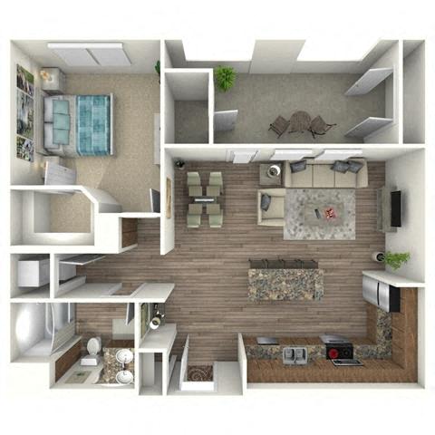Floor plan for 1 bed, 1 bath, 883 sqft