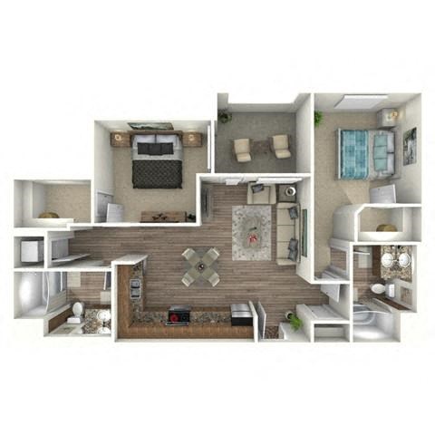 Floor plan for 2 beds, 2 baths, 1043 sqft