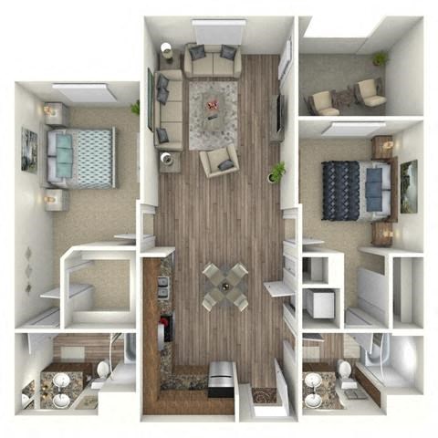 Floor plan for 2 beds, 2 baths, 1137 sqft
