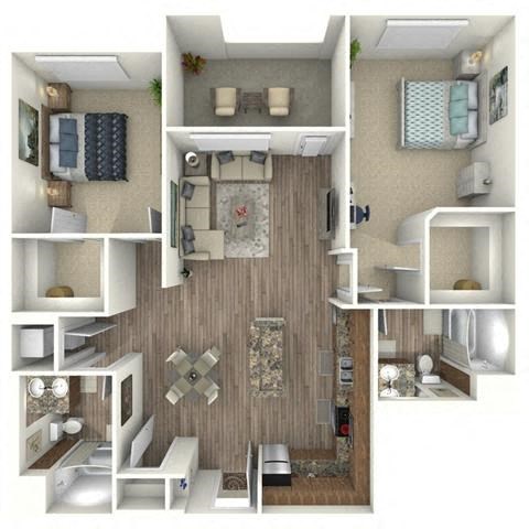 Floor plan for 2 beds, 2 baths, 1279 sqft