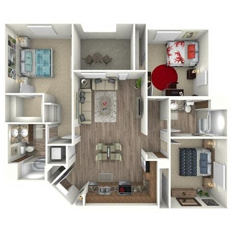Floor plan for 3 beds, 2 baths, 1435 sqft