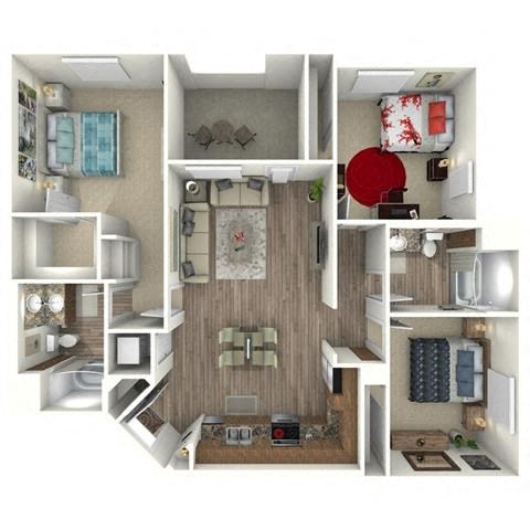 Floor plan for 3 beds, 2 baths, 1327 sqft