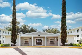 Jacksonville apartment for rent - towering evergreen trees beside entrance to Campus Towers