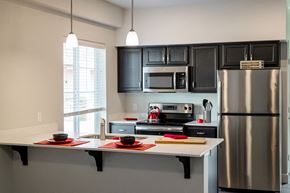 Vancouver apartment for rent - a kitchen with stainless steel appliances and a table with plates on it