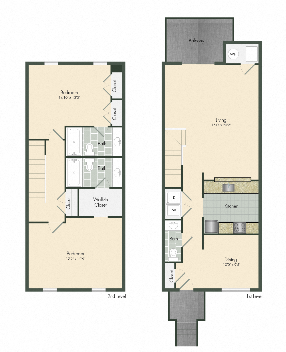 Floor plan for 2 beds, 2.5 baths, 1485 sqft