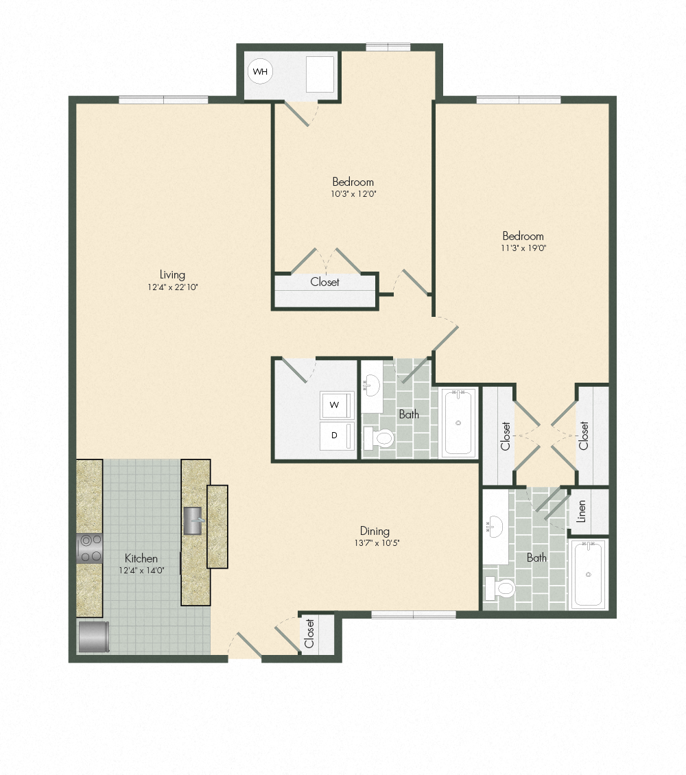 Floor plan for 2 beds, 2 baths, 1448 sqft