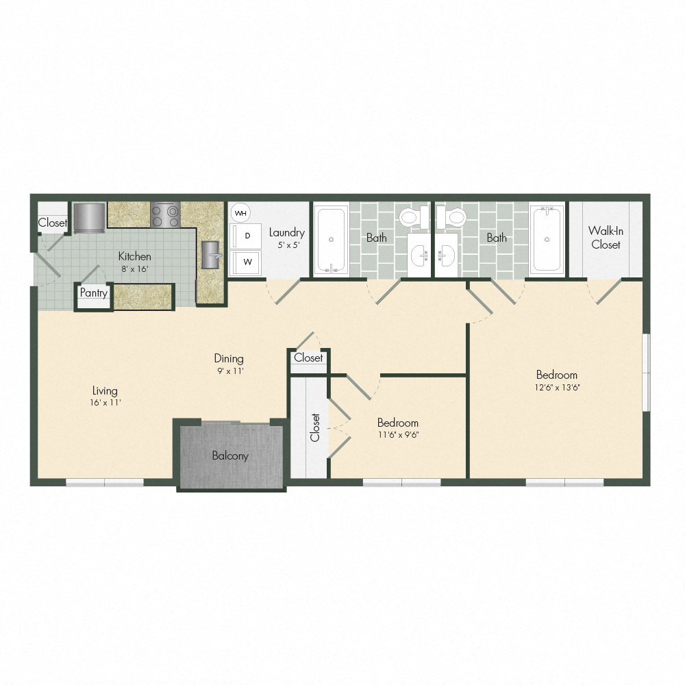 Floor plan for 2 beds, 2 baths, 1150 sqft