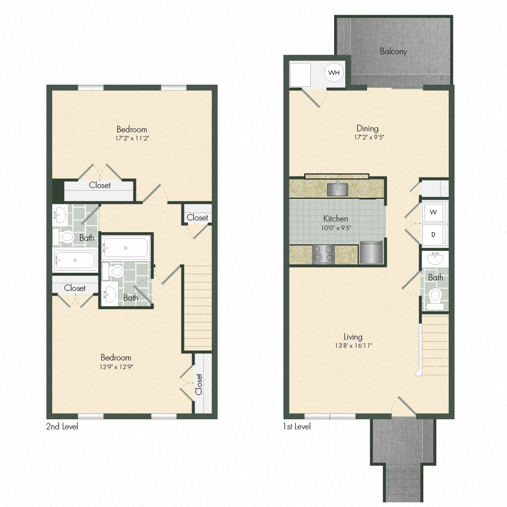 Floor plan for 2 beds, 2.5 baths, 1380 sqft