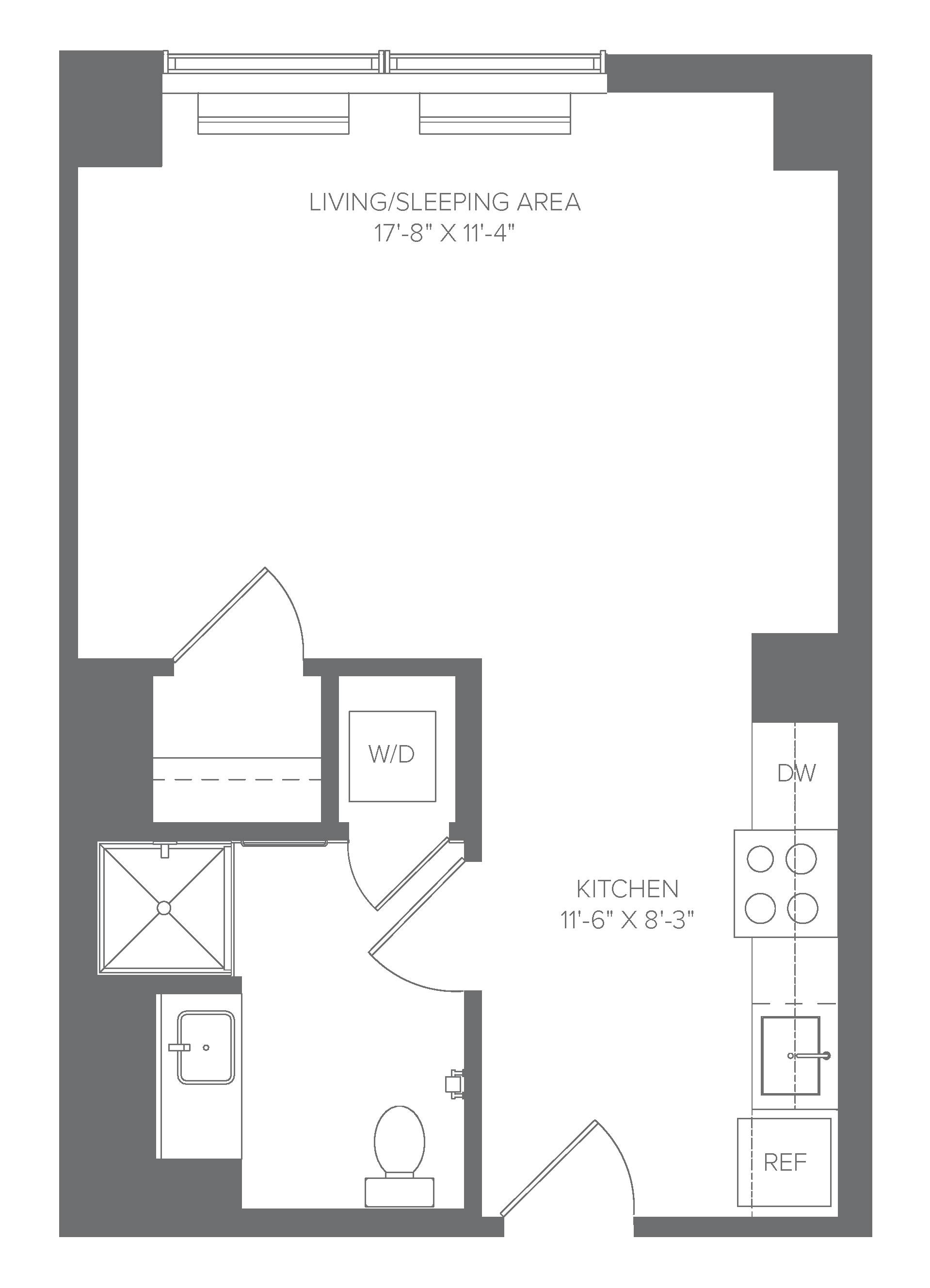Floor plan for studio, 1 bath, 439 sqft