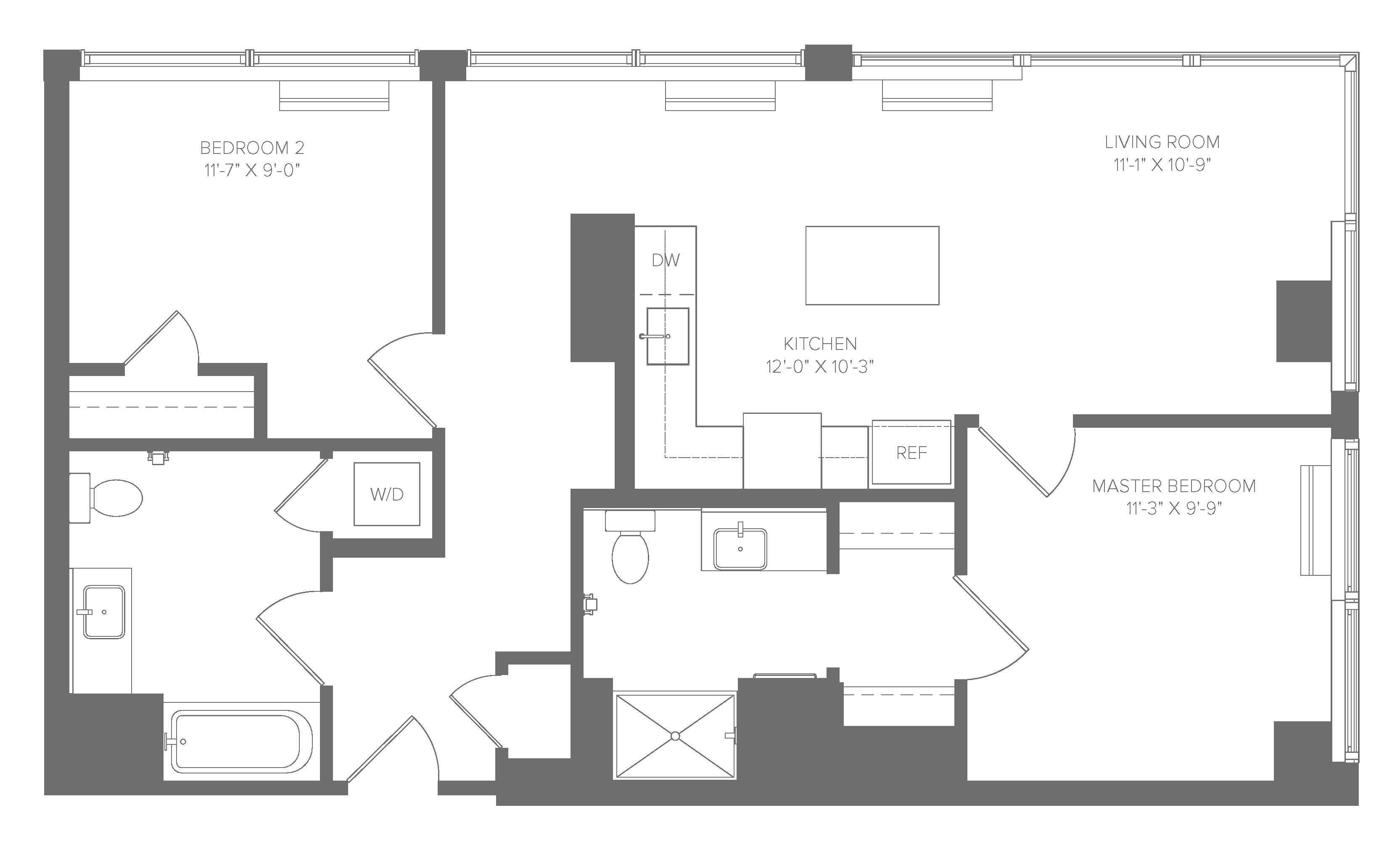 Floor plan for 2 beds, 2 baths, 889 sqft