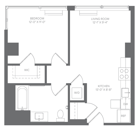 Floor plan for 1 bed, 1 bath, 537 sqft