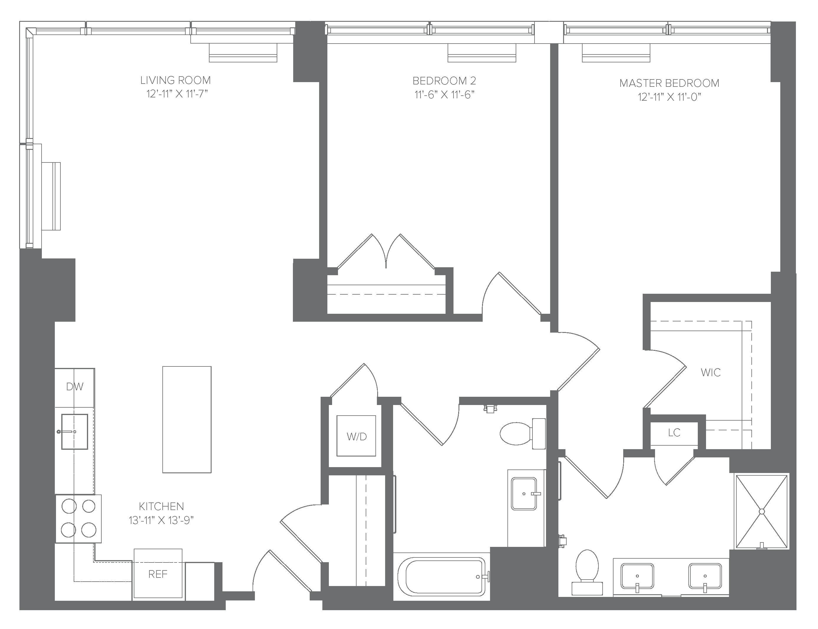 Floor plan for 2 beds, 2 baths, 1075 sqft