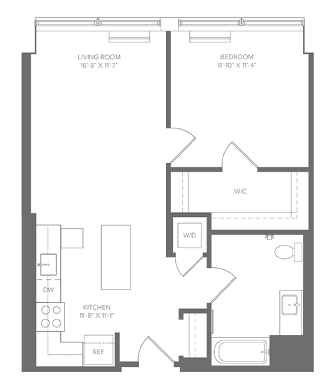 Floor plan for 1 bed, 1 bath, 669 sqft
