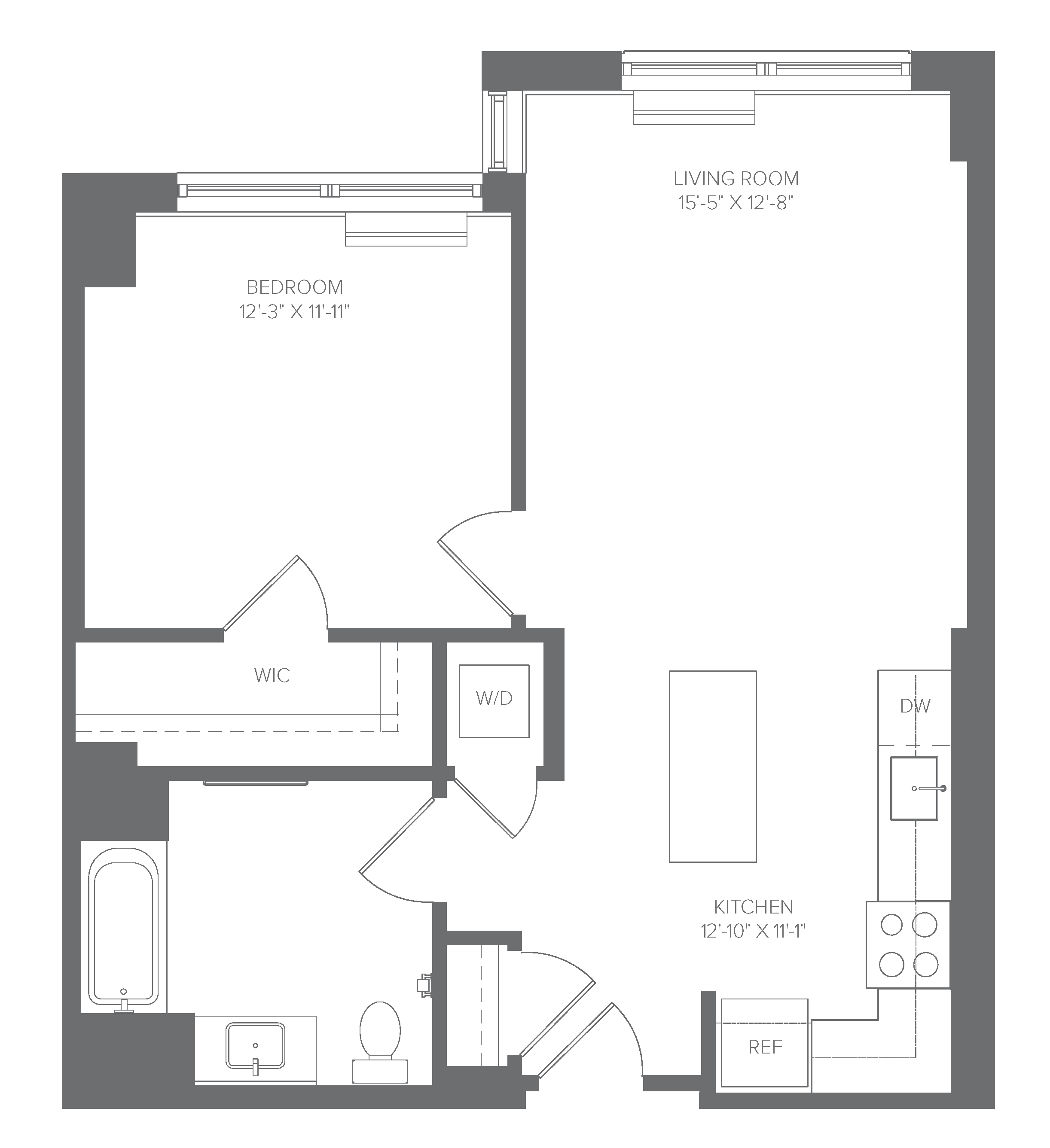 Floor plan for 1 bed, 1 bath, 670 sqft