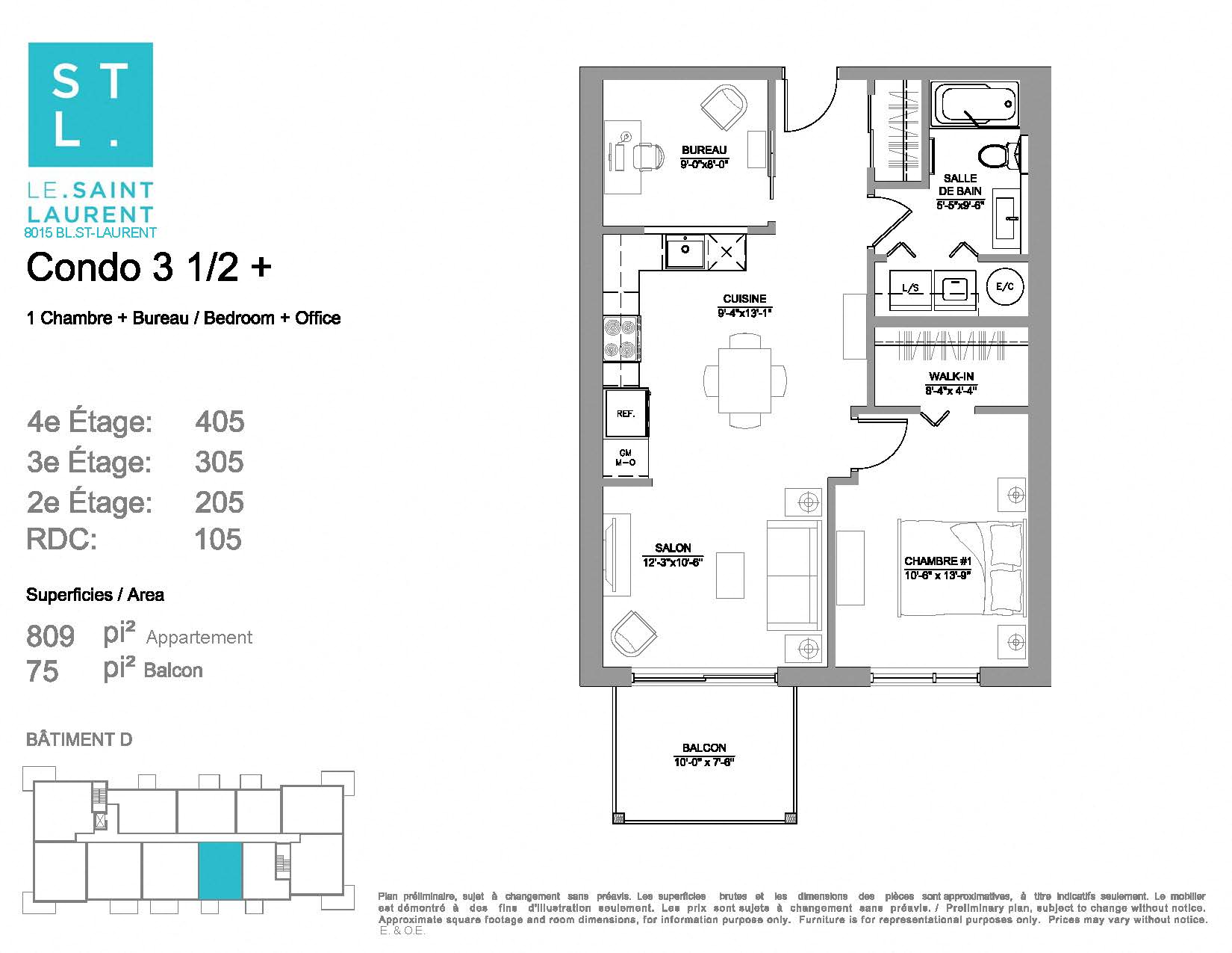 Floor plan for 1 bed, 1 bath, 809 sqft