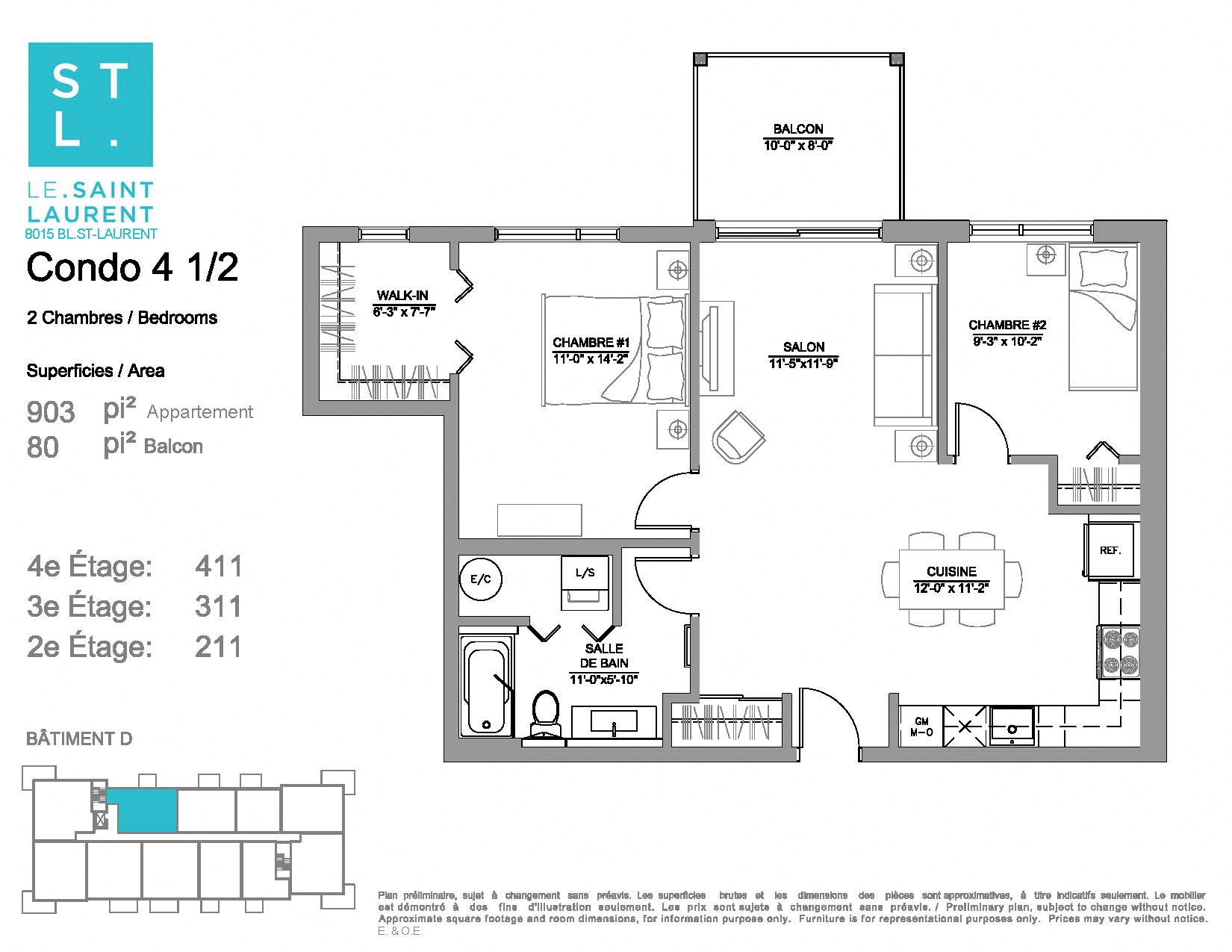 Floor plan for 2 beds, 1 bath, 903 sqft