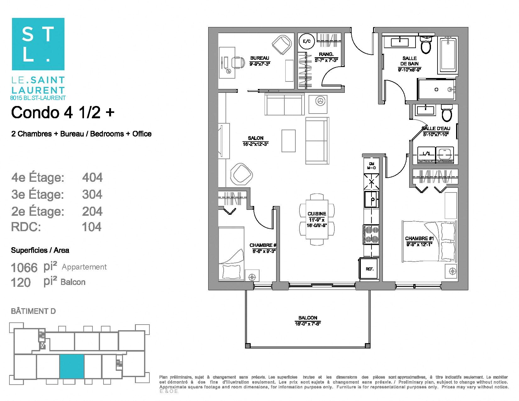 Floor plan for 2 beds, 1.5 baths, 1066 sqft