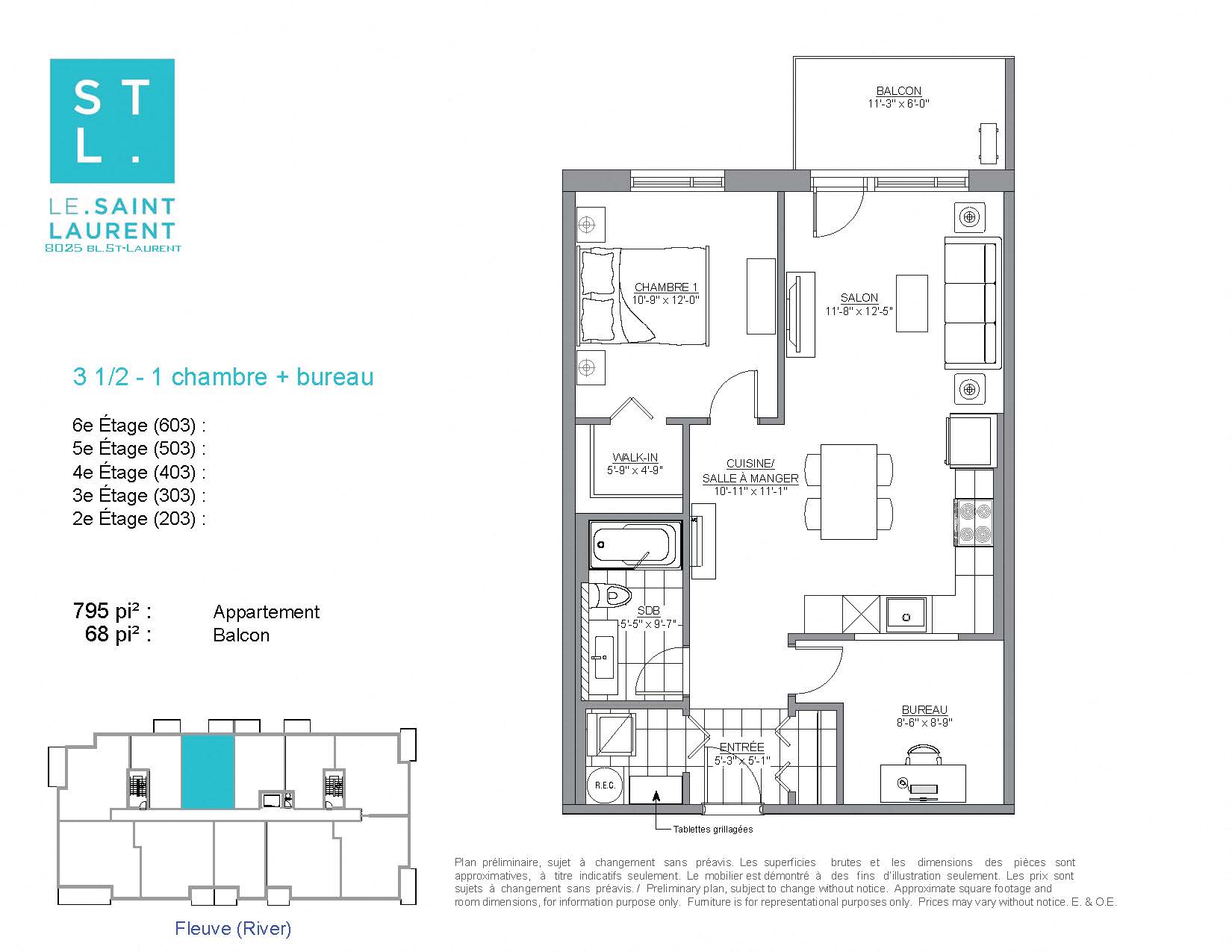 Floor plan for 1 bed, 1 bath, 795 sqft