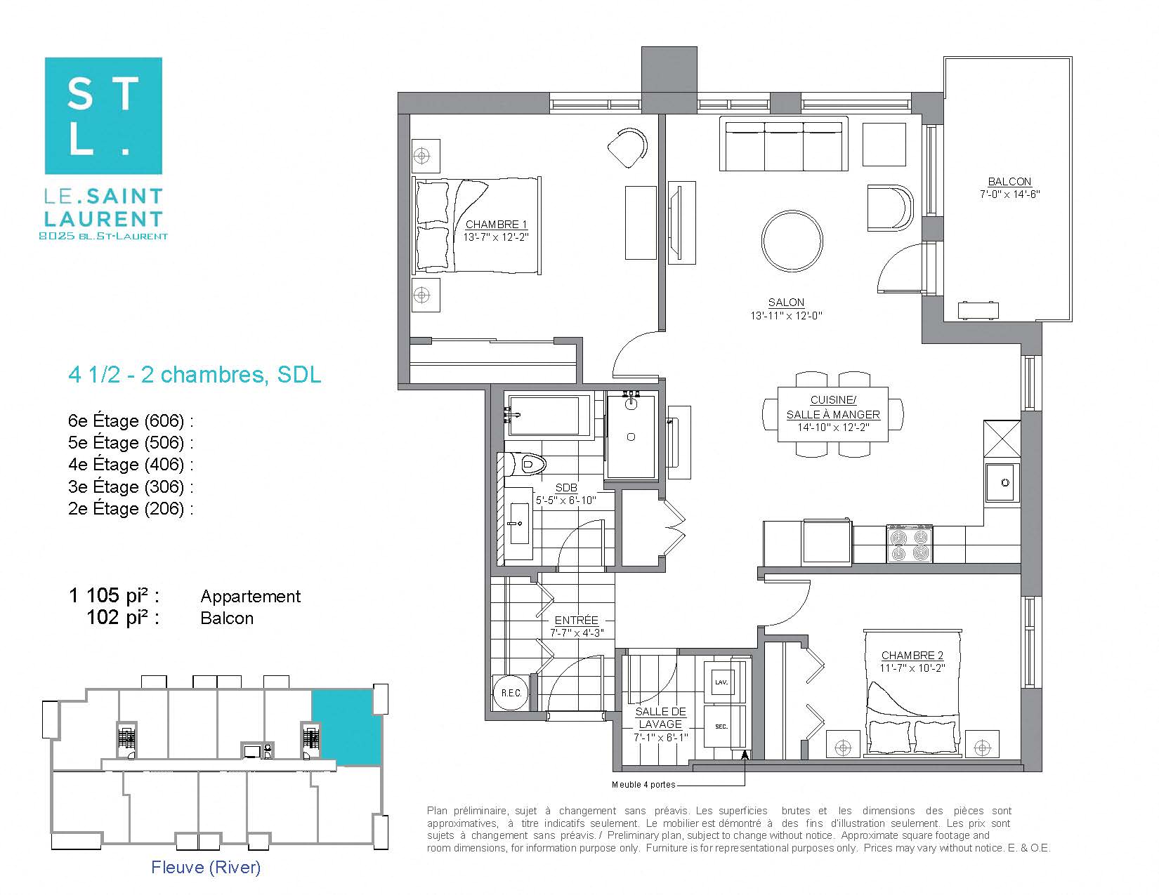 Floor plan for 2 beds, 1 bath, 1105 sqft