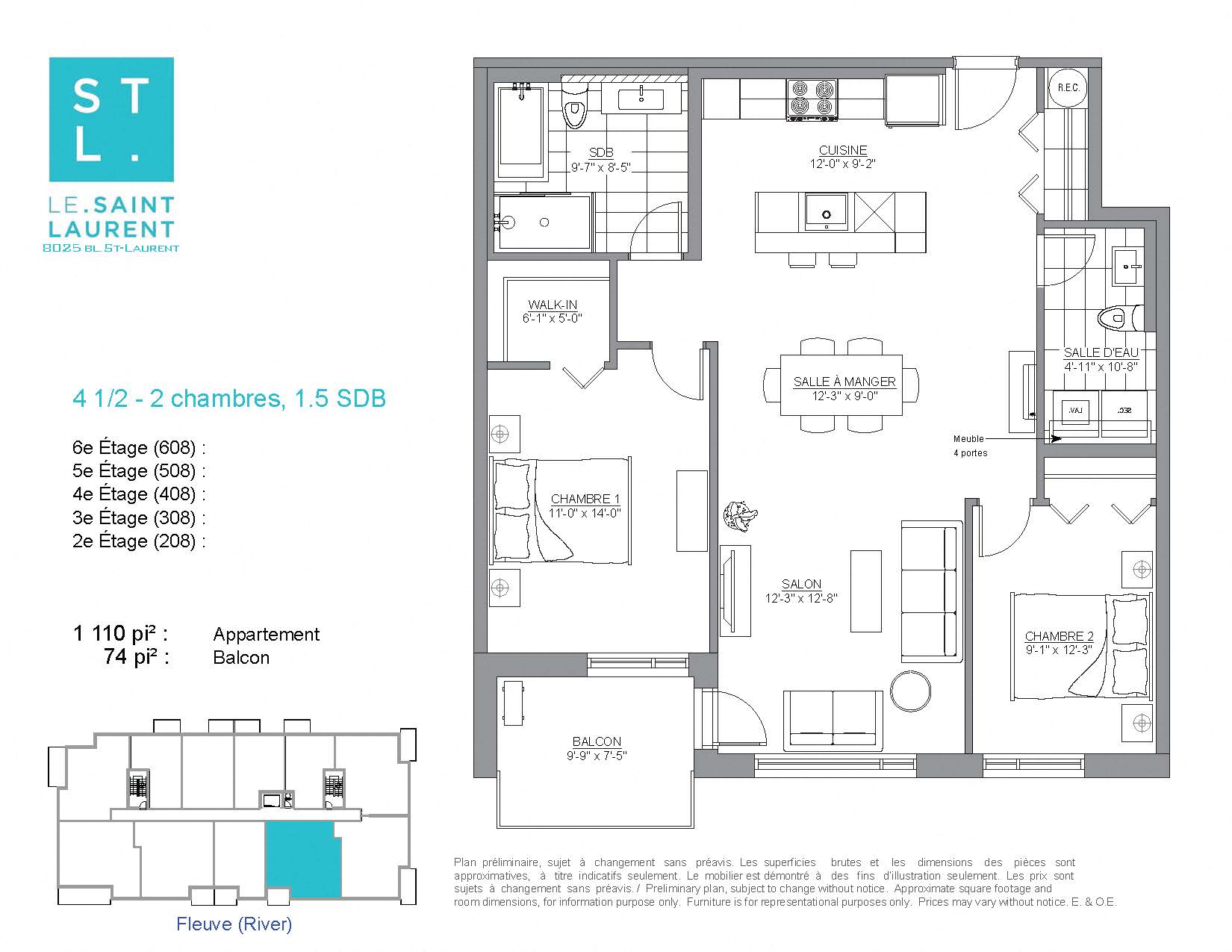 Floor plan for 2 beds, 1.5 baths, 1110 sqft