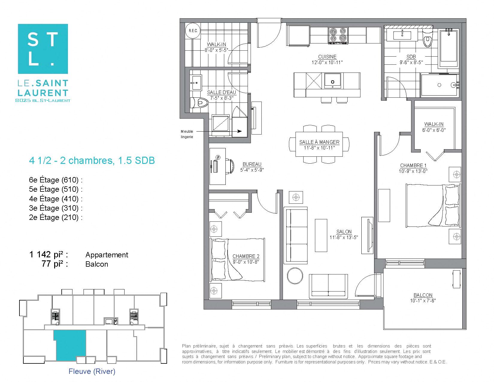 Floor plan for 2 beds, 1.5 baths, 1142 sqft