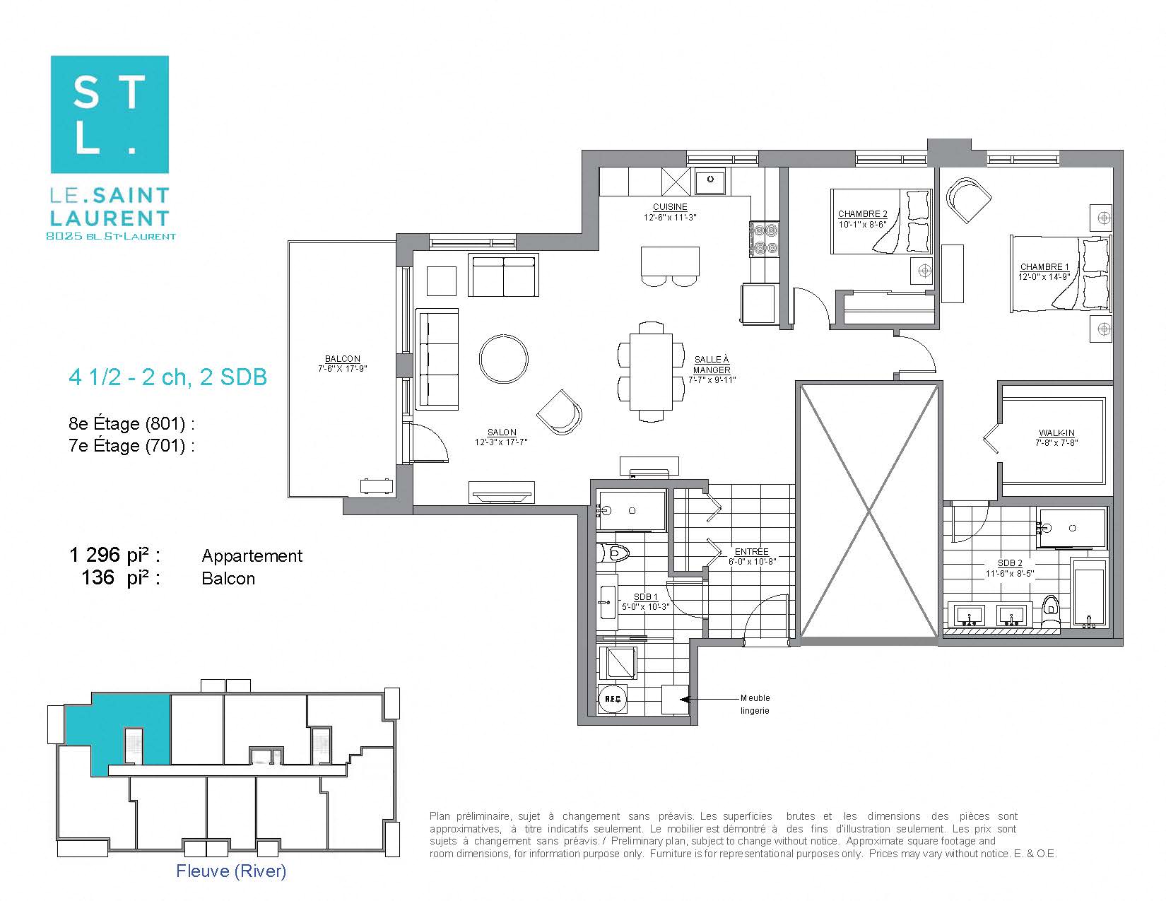 Floor plan for 2 beds, 2 baths, 1296 sqft