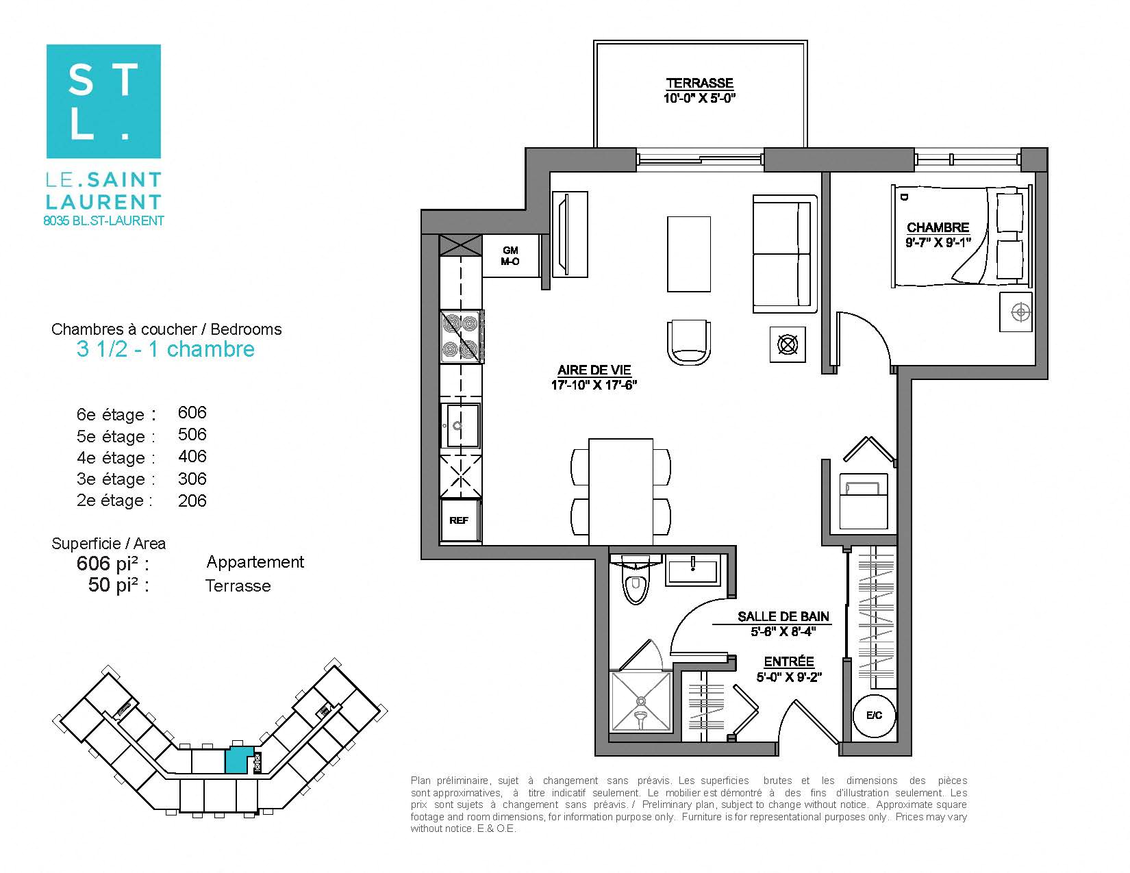 Floor plan for 1 bed, 1 bath, 606 sqft