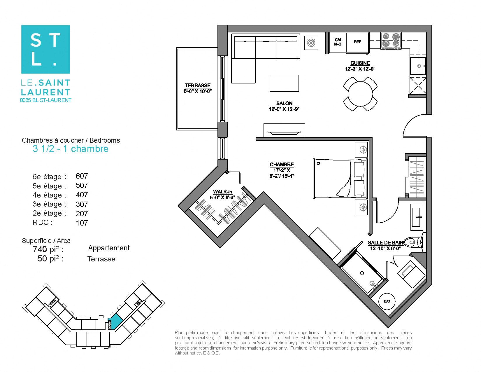 Floor plan for 1 bed, 1 bath, 740 sqft