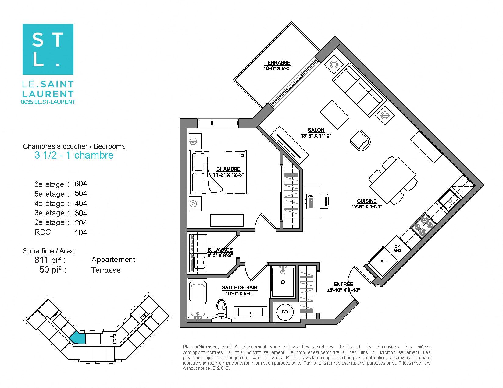 Floor plan for 1 bed, 1 bath, 811 sqft