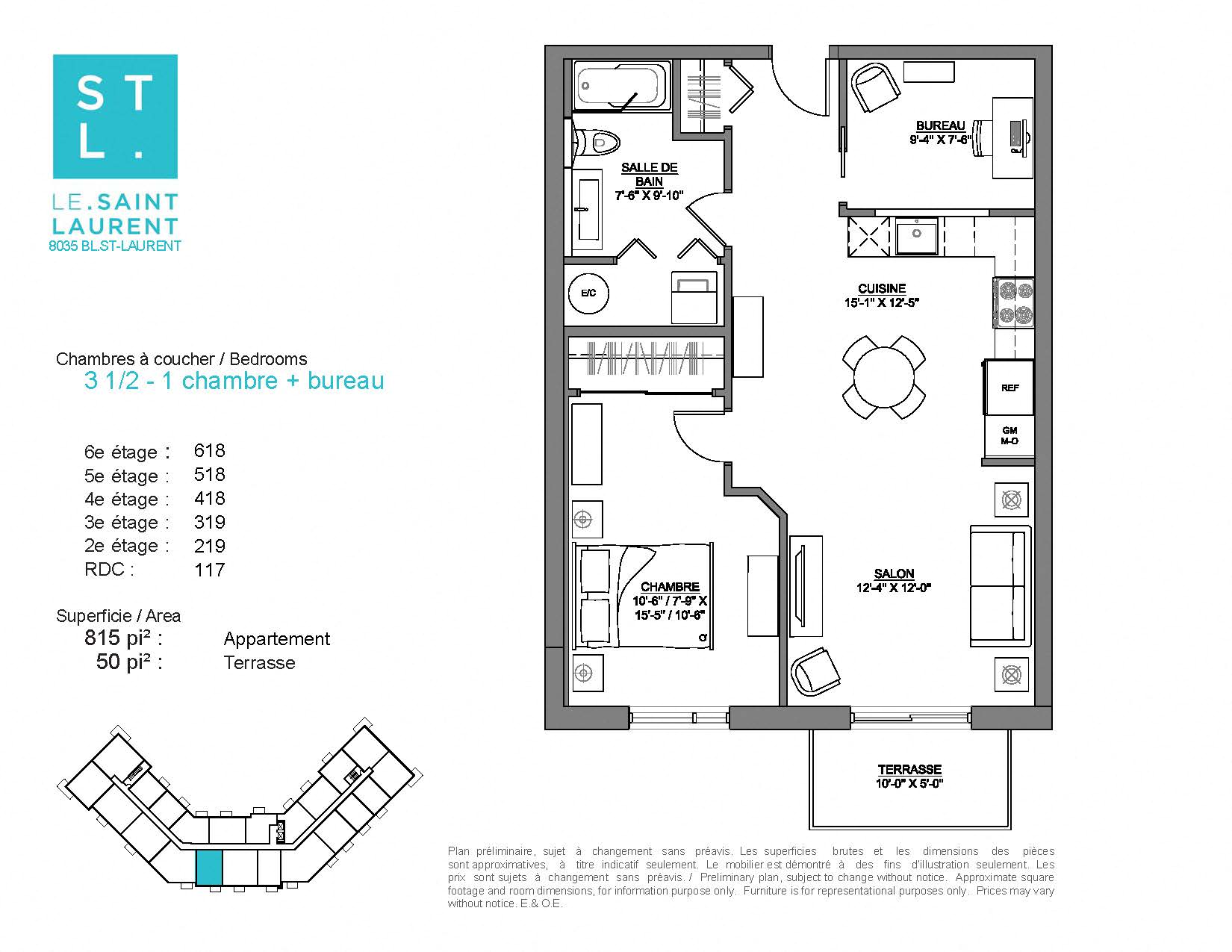 Floor plan for 1 bed, 1 bath, 815 sqft