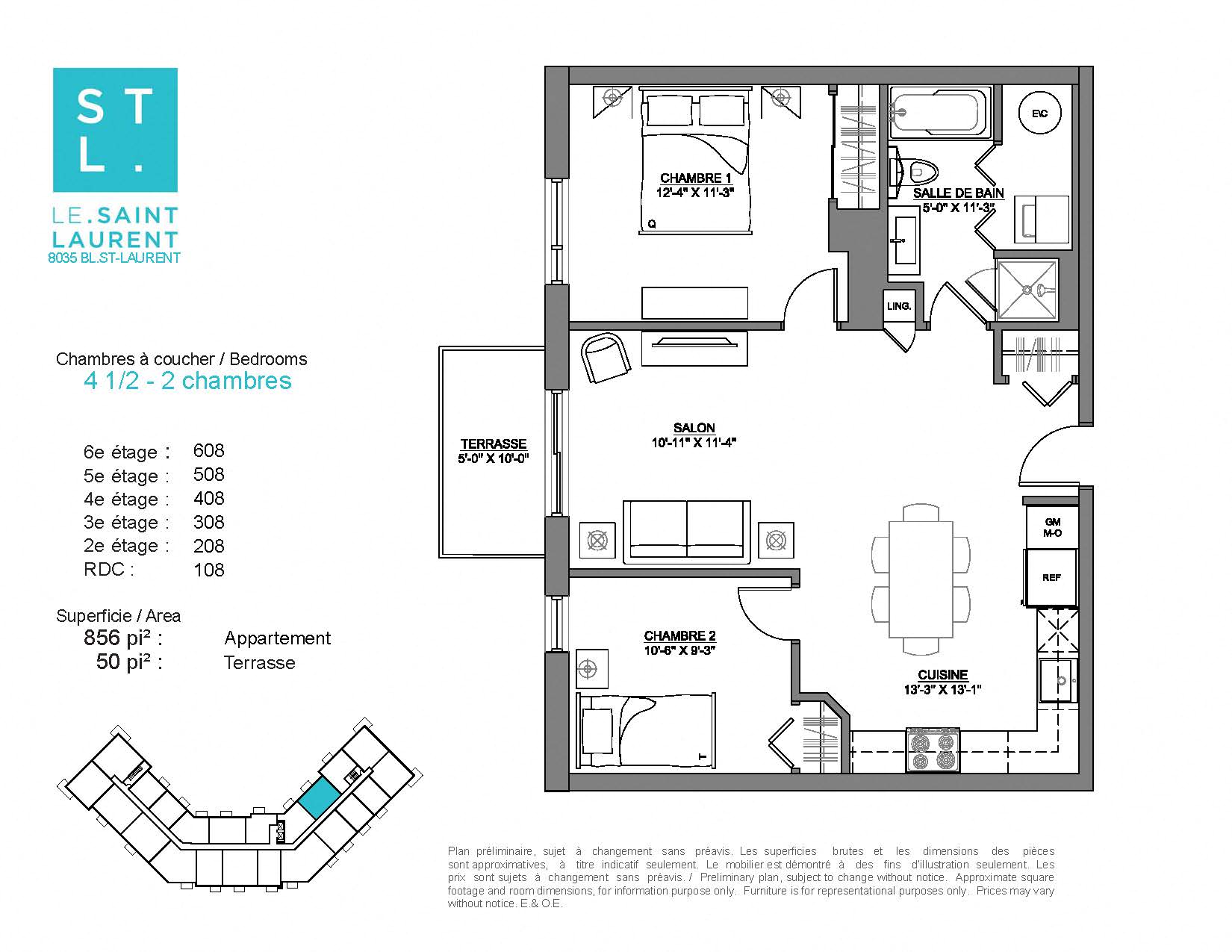Floor plan for 2 beds, 1 bath, 856 sqft