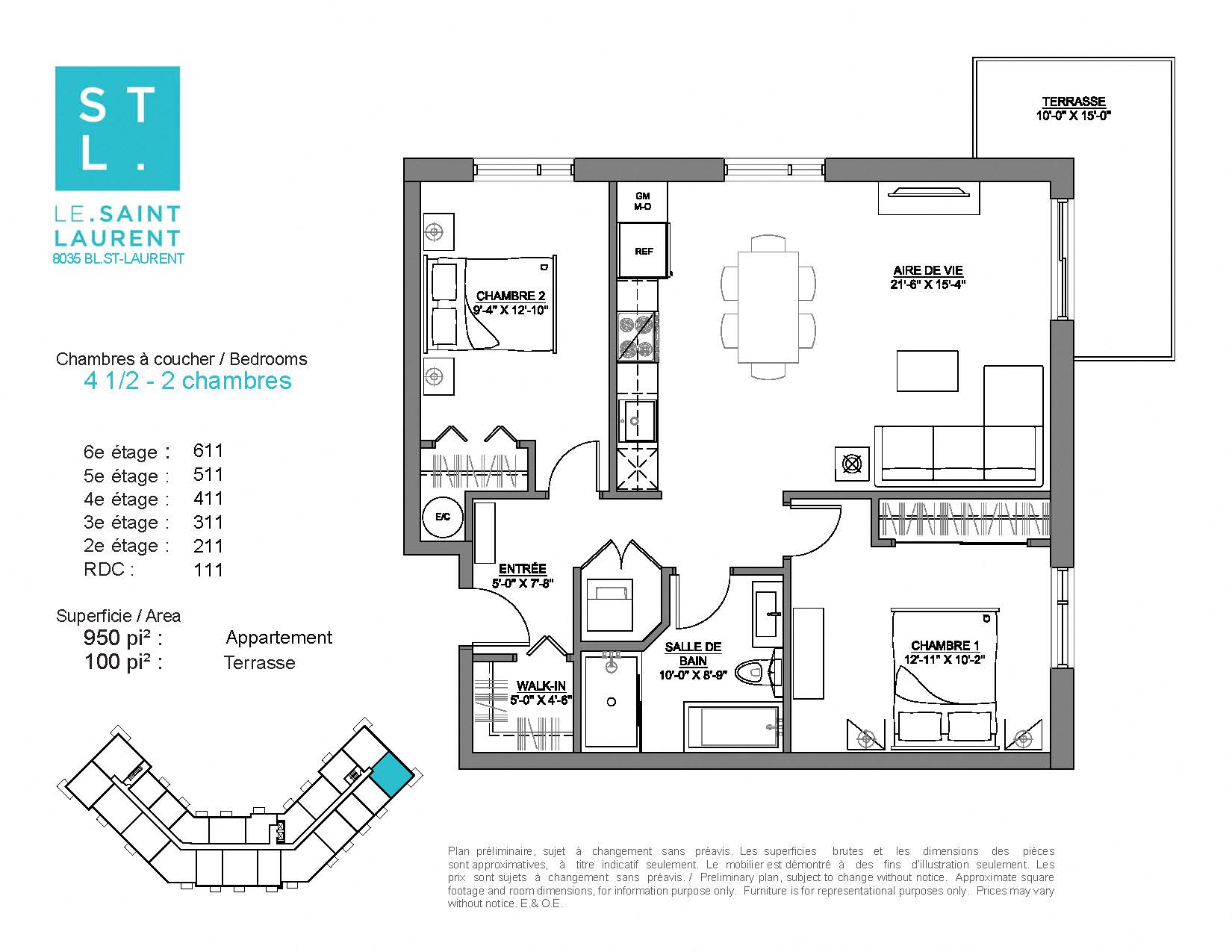 Floor plan for 2 beds, 1 bath, 961 sqft